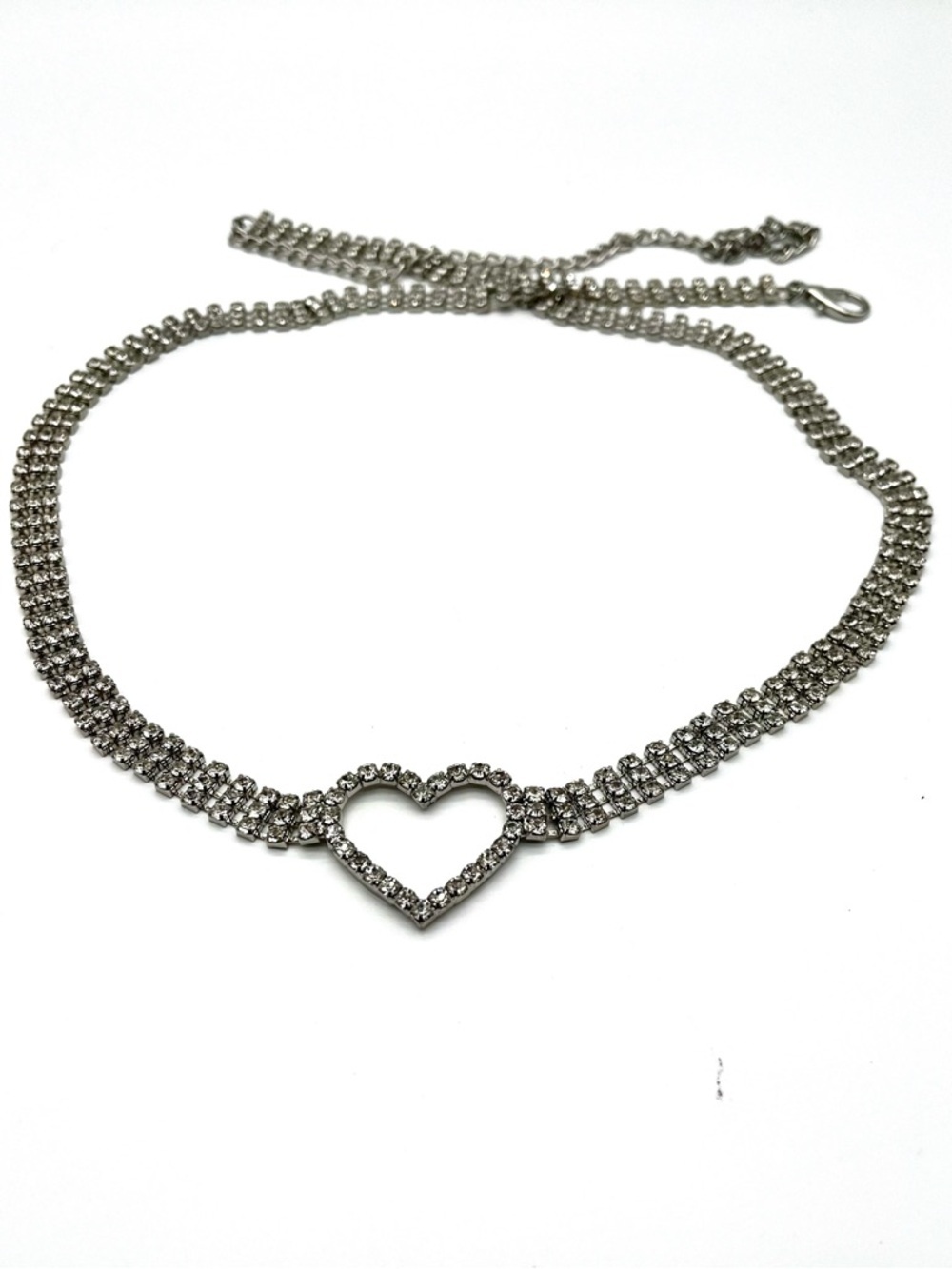 Belt Heart Shaped Silver Adjustable 3 Rows of Rhinestones 42" Long Lightweight